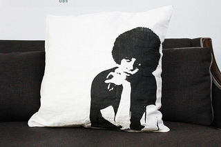 Angela Davis pillow, white, gray and beige, 20 by 20, double-sided
dontsleepinteriors.com